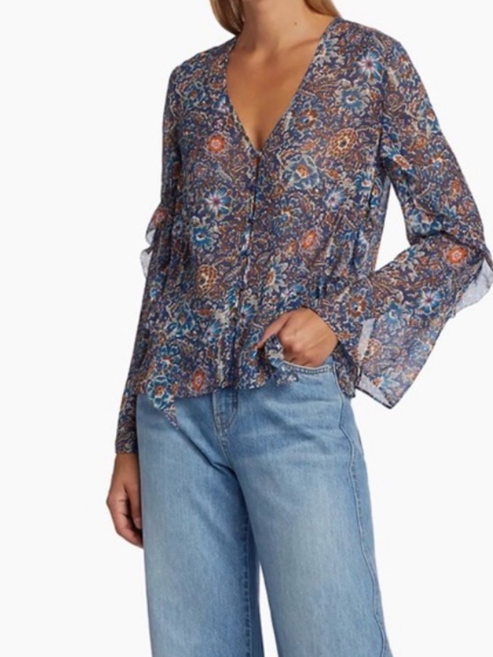 veronica beard blanchett silk blouse xs blue floral v-neck bell sleeves